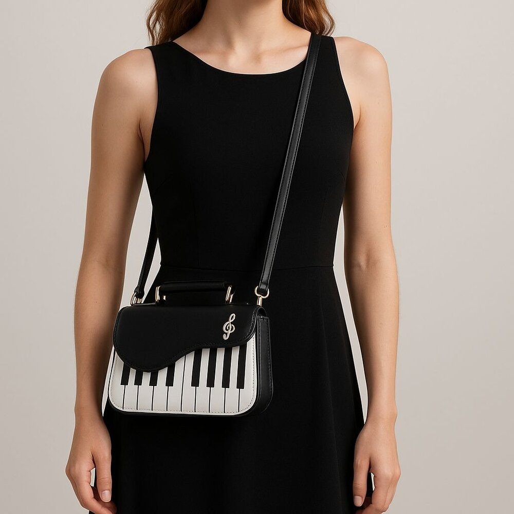 Piano Themed Crossbody Bag Magnetic Closure Adjustable Strap Keyboard Black Whit